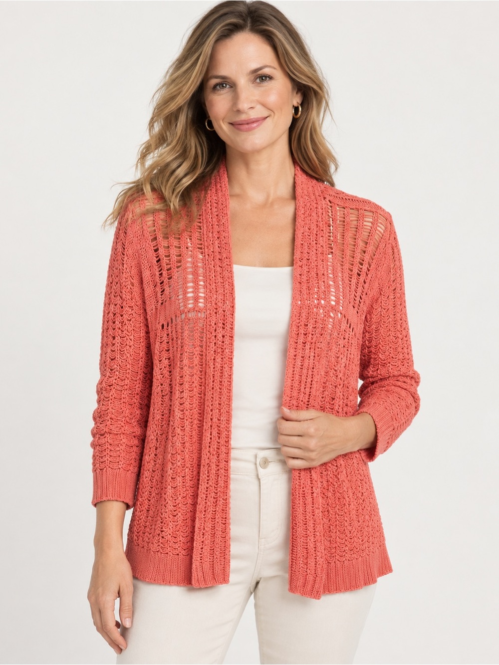 Chico’s Coral Open Knit Cardigan Chico’s Size 0 Crochet Lightweight Sweater